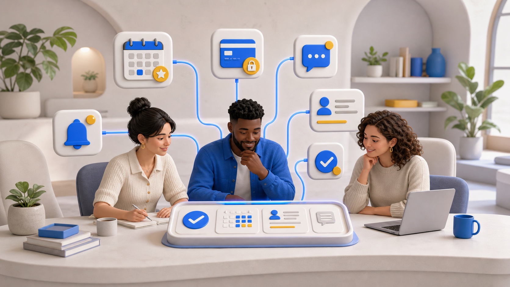 A diverse business team receiving organized work from connected bookings, payments, and messages