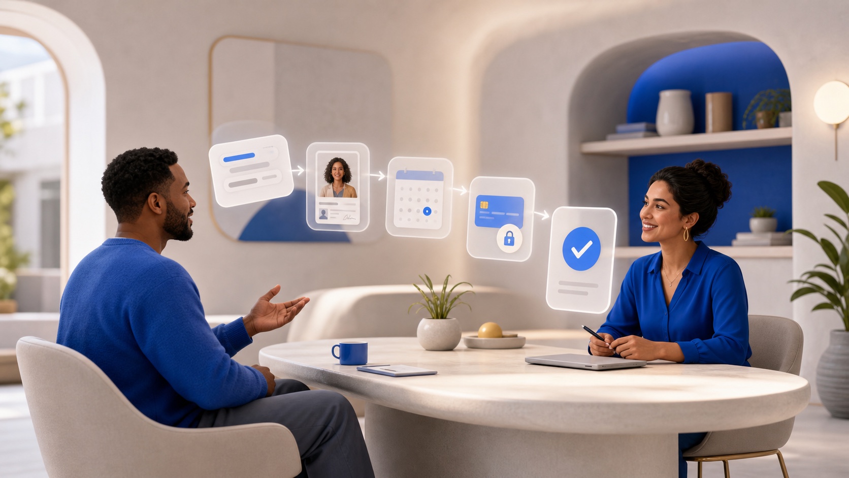 A conversational intake gathering details, documents, booking, and payment into a complete request