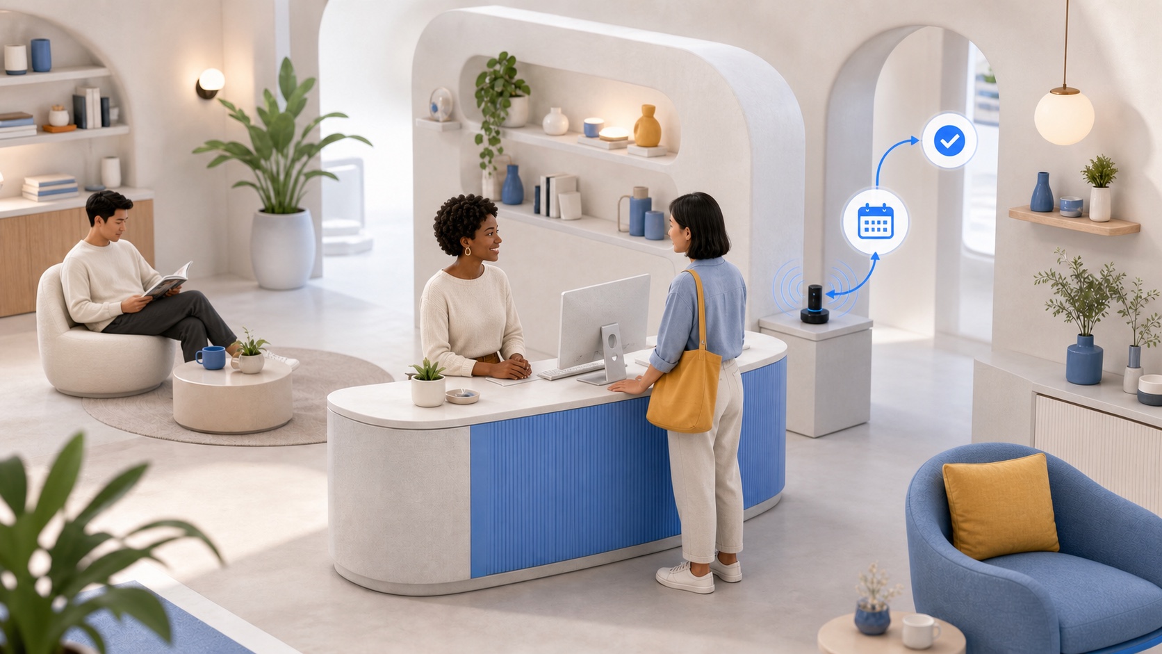 A Black business owner serving a customer while an AI voice system handles calls and booking independently